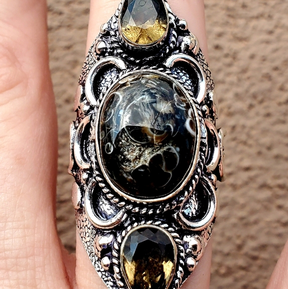 New Turtella Agate Fossil and Smoky Quartz 925 Silver Statement Ring. - Picture 8 of 16